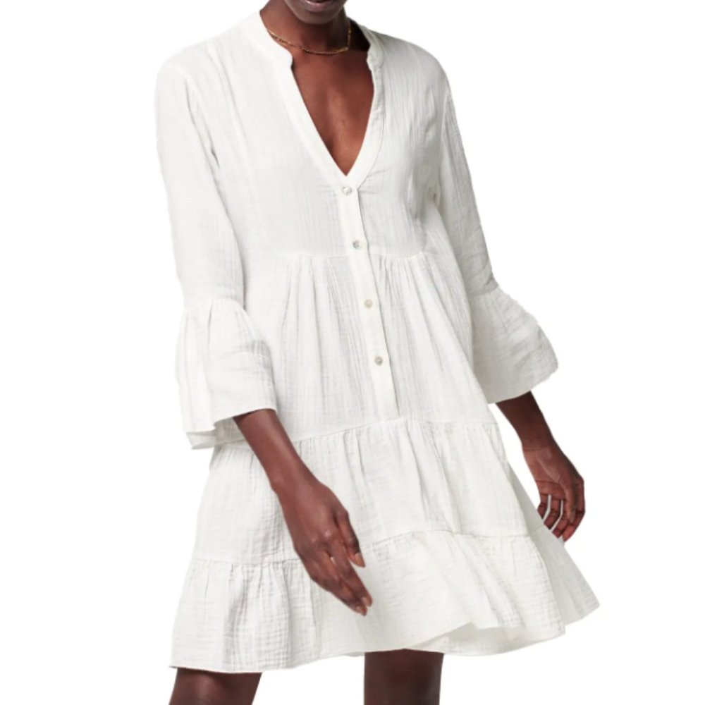Faherty White Tiered Button-Front Midi Dress